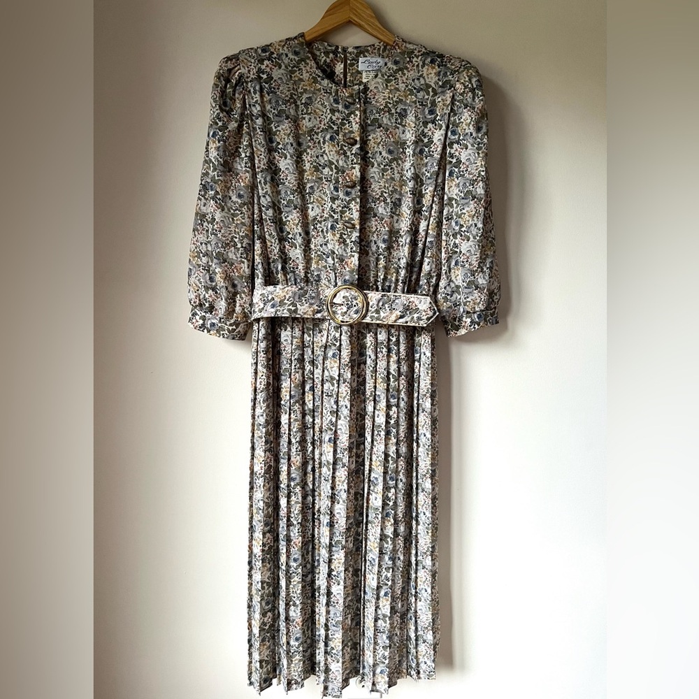 Vintage Lady Carol of NY Green Floral Pleated Midi Secretary Dress Made USA 14